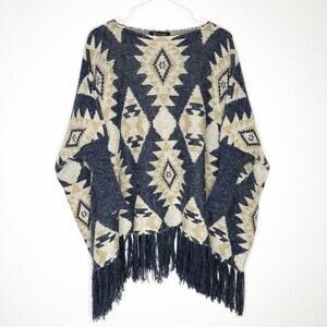 II Sisters cream gray gold Aztec southwestern fringe poncho style sweater S / M